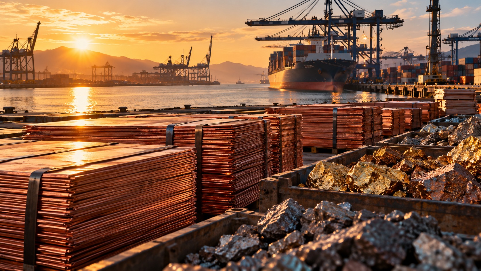 Cinematic illustration of copper and mineral materials at a global cargo port at sunrise